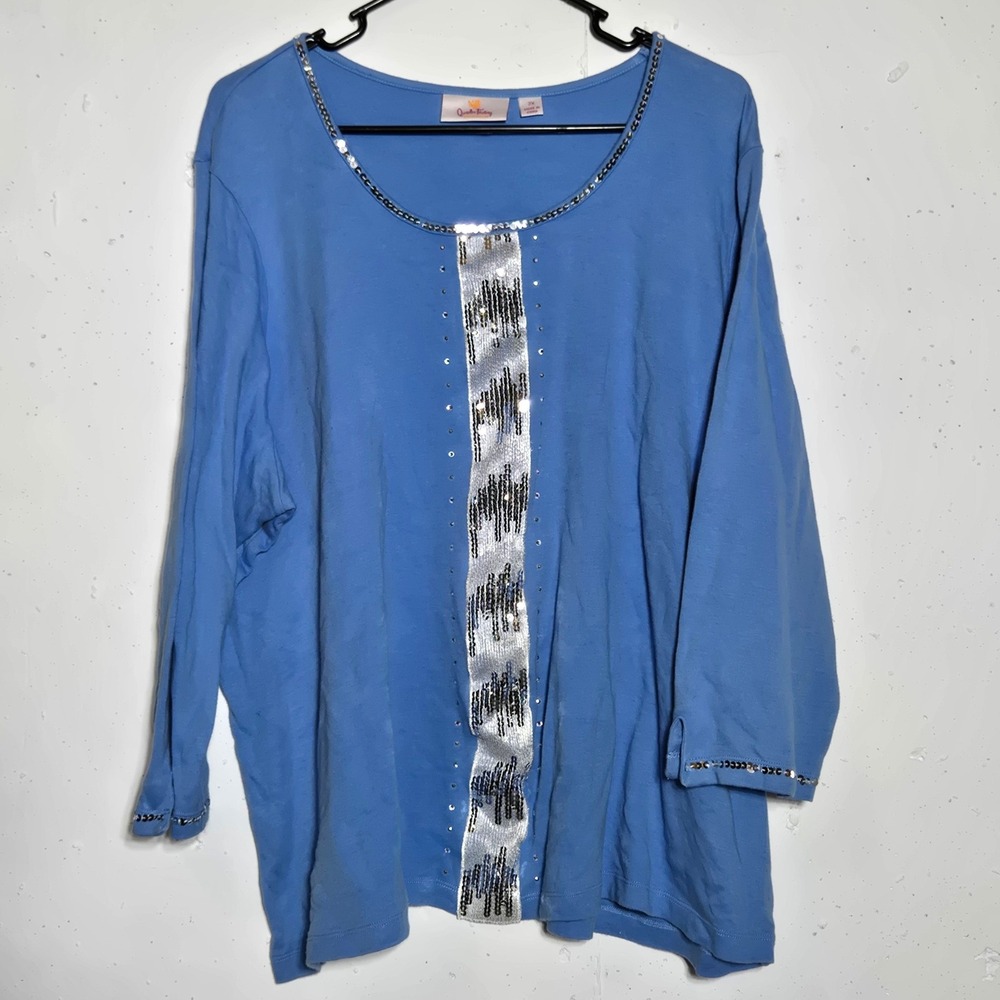 Quacker Factory Blue Sequin Rhinestone 3/4 Sleeve Top Plus 2X Glam Bling Casual
